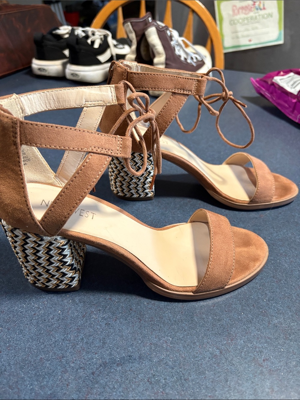 Nine West Brown Suede Block Heel Sandals with Braided Accent